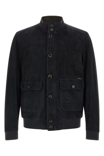 Moorer Blue Solid Mandarin Collar Jacket In Blue