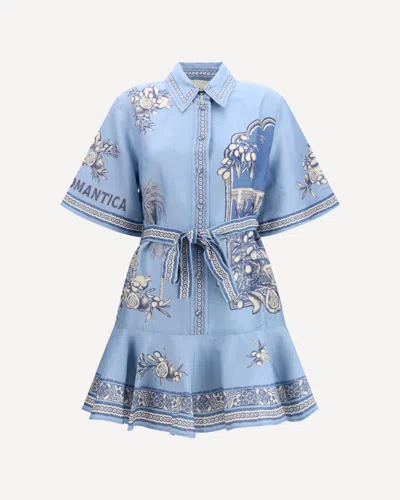 Alemais Villa Romantica Blue Mini Dress With Front Blet And All-over Floral Motif In Linen Blend Woman