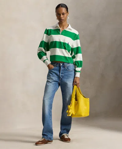 Polo Ralph Lauren Embroidered Striped Cotton Rugby Shirt In Green