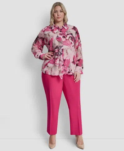 Dkny Plus Size Printed Button-front Top In Pink