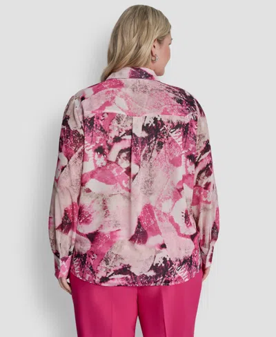 Dkny Plus Size Printed Button-front Top In Pink