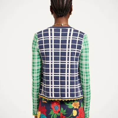 La Doublej Tie Front Checked Cardigan In Blue