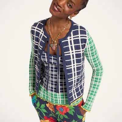 La Doublej Tie Front Checked Cardigan In Blue