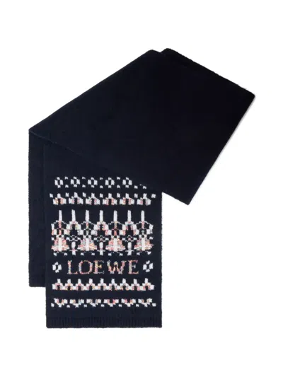 Loewe Womens Navy/multicolor Logo Intarsia Wool-blend Scarf In Blue
