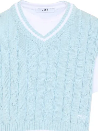 Msgm Cable-knit Crew-neck T-shirt In Blue