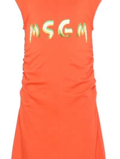Msgm Ruched Dress In Orange
