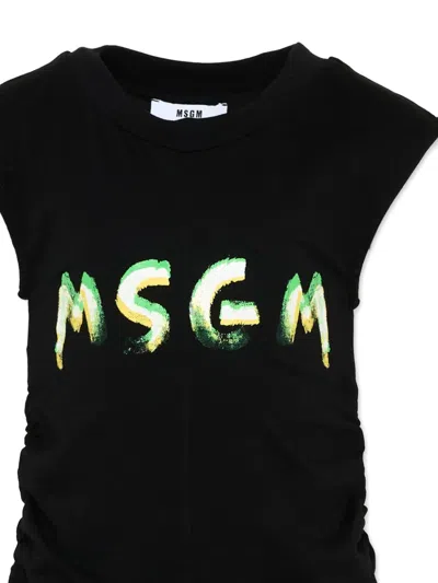 Msgm Logo-detail Ruched Dress In Black