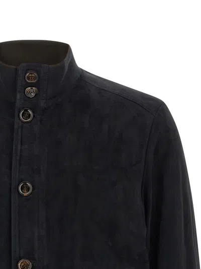 Moorer Blue Solid Mandarin Collar Jacket In Black