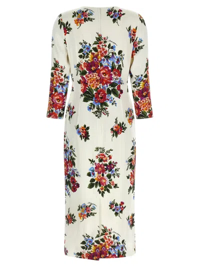 Dolce & Gabbana Mazzo Di Fiori Midi Dress Long Sleeves In Neutral