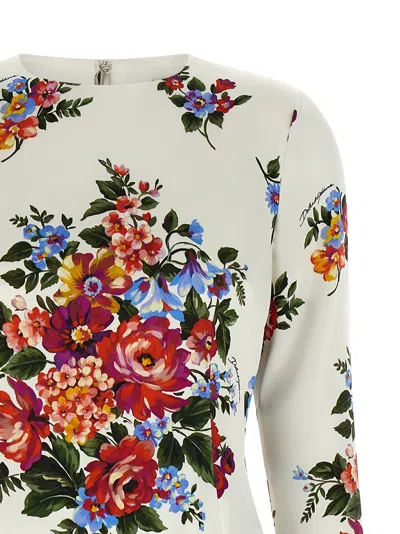 Dolce & Gabbana Mazzo Di Fiori Midi Dress Long Sleeves In Neutral