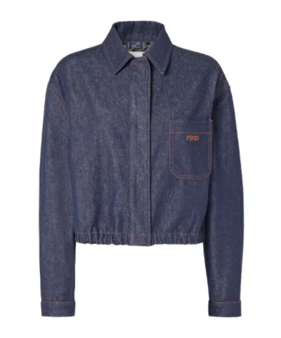 Fendi Denim Jacket With Front Embroidered Logo In Blue