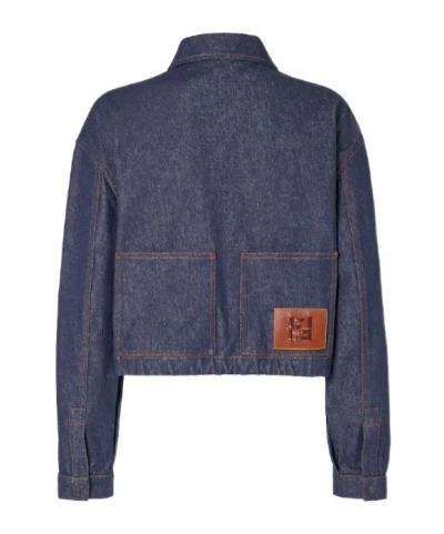 Fendi Denim Jacket With Front Embroidered Logo In Blue
