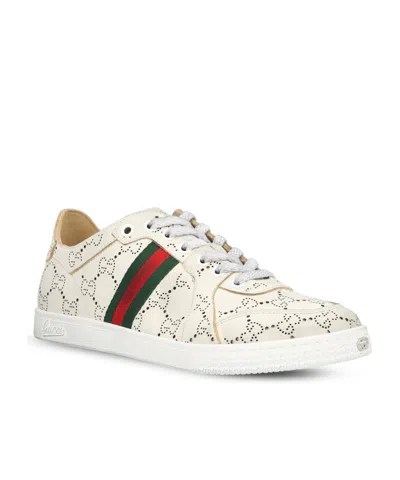 Gucci White Stretch Sneakers With Laser-cut Gg Motif In Neutral