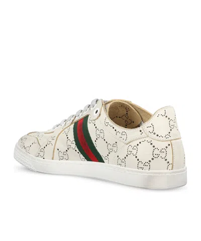 Gucci White Stretch Sneakers With Laser-cut Gg Motif In Neutral