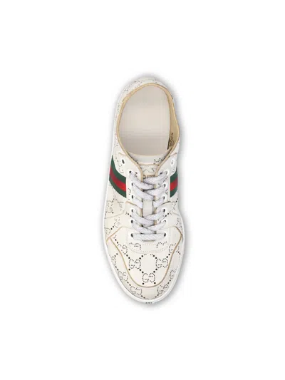 Gucci White Stretch Sneakers With Laser-cut Gg Motif In Neutral
