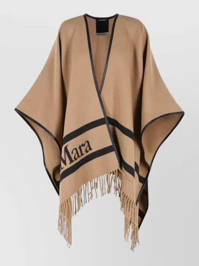 Max Mara Fringed Leather-trimmed Wool-jacquard Cape In Brown