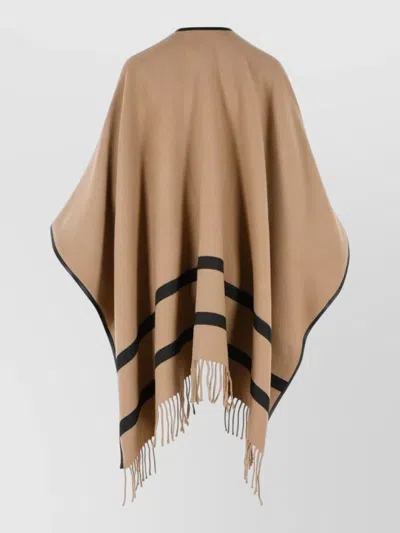 Max Mara Fringed Leather-trimmed Wool-jacquard Cape In Brown