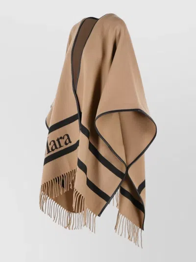 Max Mara Fringed Leather-trimmed Wool-jacquard Cape In Brown