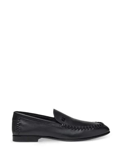 Fendi Men Leather Loafers With Metal Ff Logo In Black