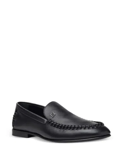 Fendi Men Leather Loafers With Metal Ff Logo In Black