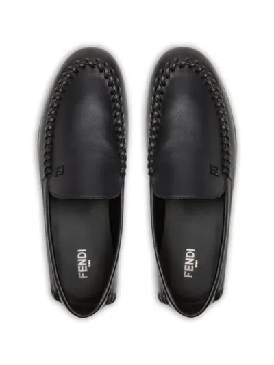 Fendi Men Leather Loafers With Metal Ff Logo In Black