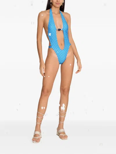 Amir Slama Checked-pattern Swimsuit In Blue