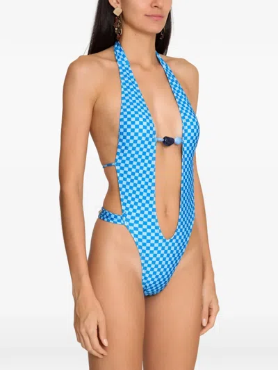 Amir Slama Checked-pattern Swimsuit In Blue