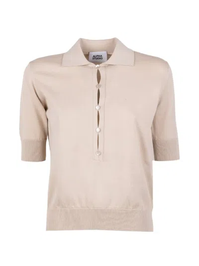 Alpha Studio Button Polo Top In Neutral