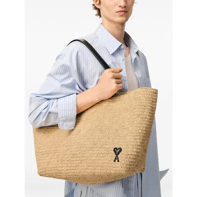 Ami Alexandre Mattiussi Ami Paris Women Ami De Coeur Raffia Shoulder Bag In Brown