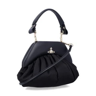 Vivienne Westwood Brooke Black Clutch With Adjustable And Removable Shoulder Strap And Orb Plaque On The Front In Leat