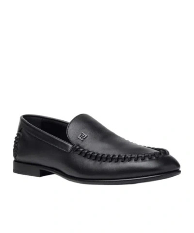 Fendi Men Leather Loafers With Metal Ff Logo In Black