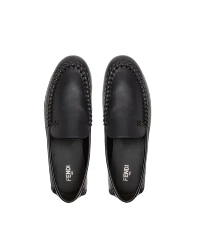 Fendi Men Leather Loafers With Metal Ff Logo In Black