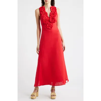 Farm Rio Linen Dress With Floral Appliques And Halterneck In Red