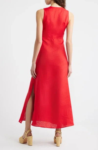 Farm Rio Linen Dress With Floral Appliques And Halterneck In Red