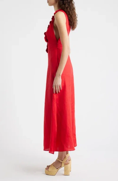 Farm Rio Linen Dress With Floral Appliques And Halterneck In Red