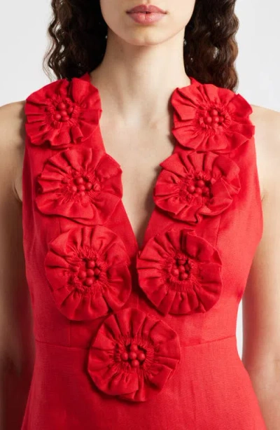Farm Rio Linen Dress With Floral Appliques And Halterneck In Red