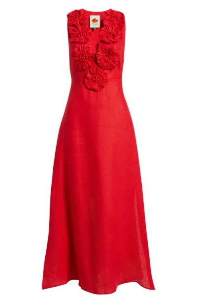 Farm Rio Linen Dress With Floral Appliques And Halterneck In Red