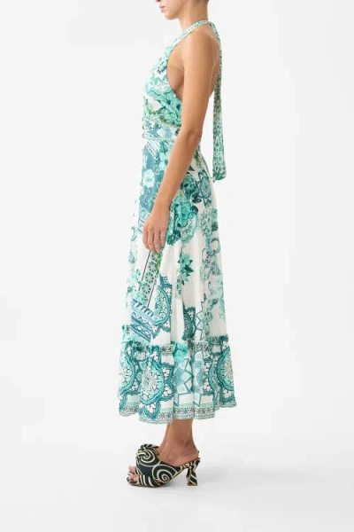 Camilla Embellished Ruffled Halterneck Linen Midi Dress In Blue