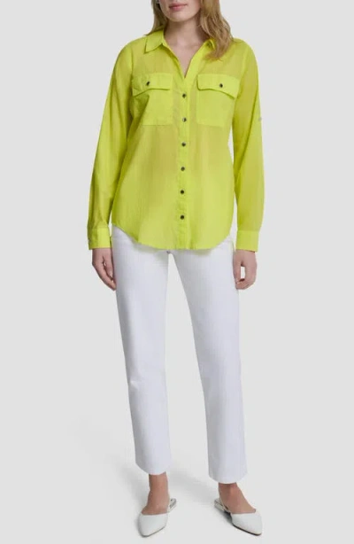 Dkny Solid Roll Sleeve Button-up Shirt In Green