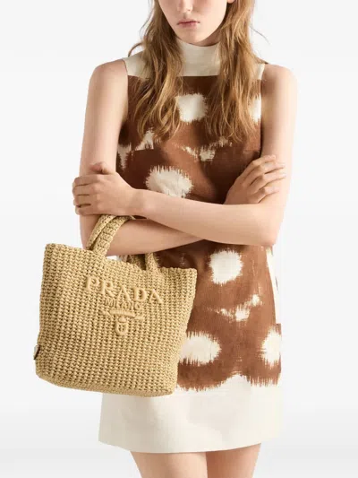 Prada Raffia Shoulder Bag Featuring Woven Texture In Neutral