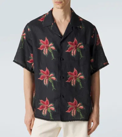 Valentino Camp Collar Shirt Floral Pattern Short Sleeves In Blue