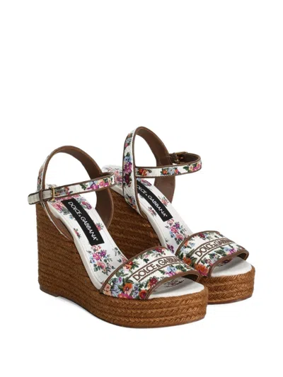 Dolce & Gabbana Leather-trimmed Embroidered Canvas Platform Wedge Sandals In Brown