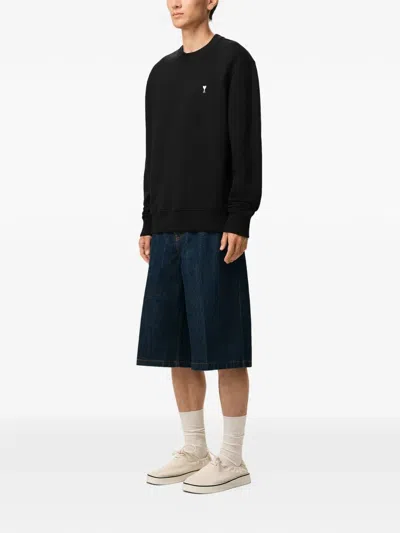 Ami Alexandre Mattiussi Ami Paris Embroidered Crew Neck Sweater With Ribbed Trims In Black