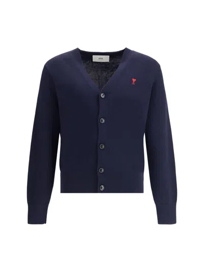 Ami Alexandre Mattiussi Ami Paris Men Blue Cardigan With V Neck And Adc Embroidery On The Front In Wool Blend Man