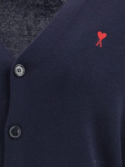 Ami Alexandre Mattiussi Ami Paris Men Blue Cardigan With V Neck And Adc Embroidery On The Front In Wool Blend Man