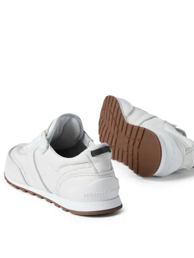 Brunello Cucinelli Grained Soft Leather Runners With Shiny Loops Shoes In White