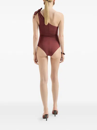 Brunello Cucinelli One Shoulder Swimsuit High Cut Embellished Knot In Burgundy