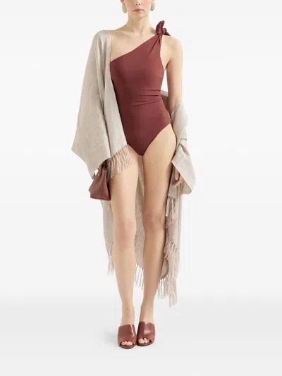 Brunello Cucinelli One Shoulder Swimsuit High Cut Embellished Knot In Burgundy