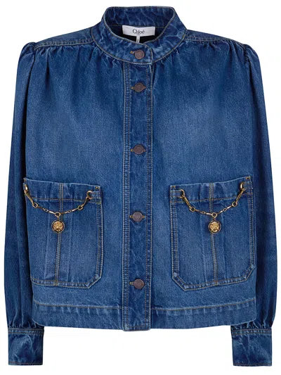 Chloé Blue Jacket With High Neck And Chain Detail On The Front In Denim Woman