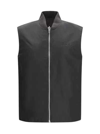 Diesel Brown Polyamide Sleeveless Jacket In Black